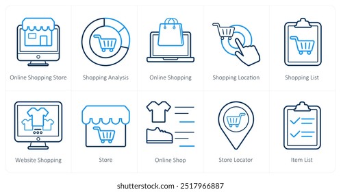 A set of 10 ecommerce icons as online shopping store, shopping analysis, online shopping