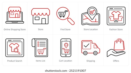 Un conjunto de 10 iconos de comercio electrónico como tienda de compras en línea, tienda, encontrar tienda