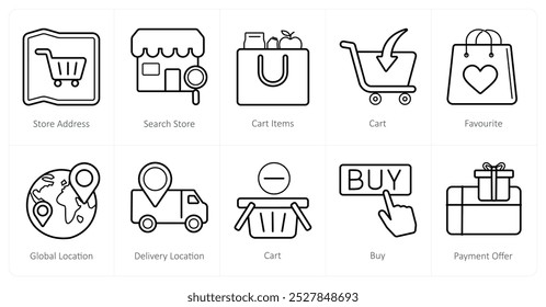 A set of 10 ecommerce icons as store address, search store, cart items