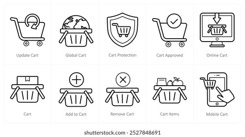 A set of 10 ecommerce icons as update cart, global cart, cart protection