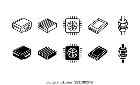 Set of 10 edge AI compute enclosure icons showing server box, heatsink, neural processor chip, SSD drive, and cable gland vector