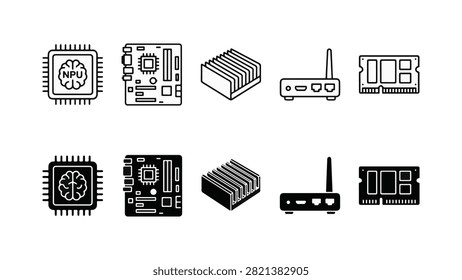 Set of 10 edge AI hardware icons featuring NPU chip, motherboard, heatsink, router gateway, and RAM memory module vector