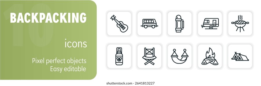 Set of 10 editable backpacking icons showing guitar, train, sleeping bag and more