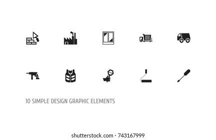 Set Of 10 Editable Building Icons. Includes Symbols Such As Power Plants, Lorry, Electric Screwdriver And More. Can Be Used For Web, Mobile, UI And Infographic Design.