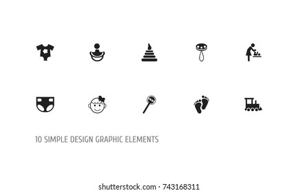 Set Of 10 Editable Child Icons. Includes Symbols Such As Nappy, Nipple, Footmark And More. Can Be Used For Web, Mobile, UI And Infographic Design.