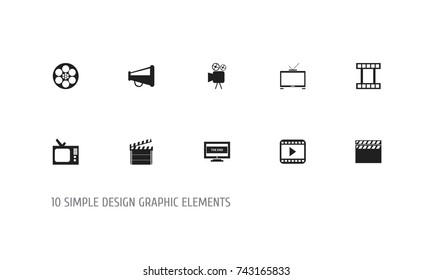 Set Of 10 Editable Cinema Icons. Includes Symbols Such As Movie Player, Clapper, The End And More. Can Be Used For Web, Mobile, UI And Infographic Design.