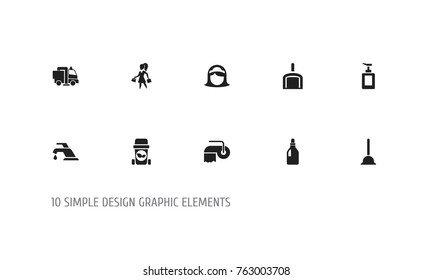 Set Of 10 Editable Cleaning Icons. Includes Symbols Such As Scoop, Laundry Detergent, Hand Sanitizer. Can Be Used For Web, Mobile, UI And Infographic Design.