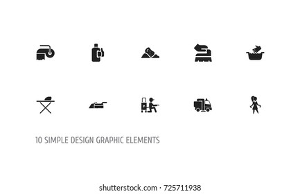 Set Of 10 Editable Cleanup Icons. Includes Symbols Such As Chores, Clothes Washing, Bleach And More. Can Be Used For Web, Mobile, UI And Infographic Design.