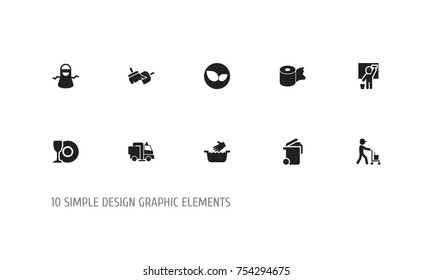 Set Of 10 Editable Cleanup Icons. Includes Symbols Such As Kitchen Clothing, Industrial, Clothes Washing And More. Can Be Used For Web, Mobile, UI And Infographic Design.