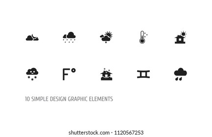 Set of 10 editable climate icons. Includes symbols such as rain, home, lunar and more. Can be used for web, mobile, UI and infographic design.