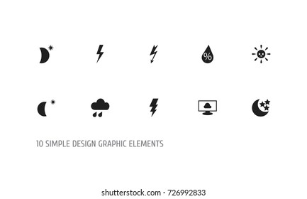 Set Of 10 Editable Climate Icons. Includes Symbols Such As Cloud On The Screen, Moonlight, Precipitation And More. Can Be Used For Web, Mobile, UI And Infographic Design.