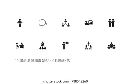Set Of 10 Editable Community Icons. Includes Symbols Such As Meeting, Commander, Introducing. Can Be Used For Web, Mobile, UI And Infographic Design.
