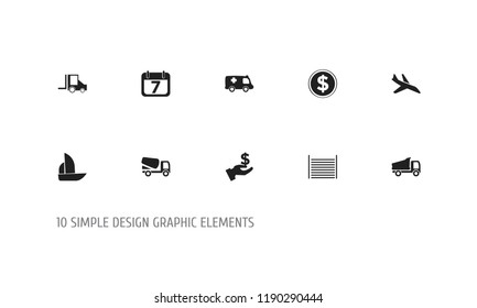 Set of 10 editable complicated icons. Includes symbols such as truck, aircraft, van and more. Can be used for web, mobile, UI and infographic design.