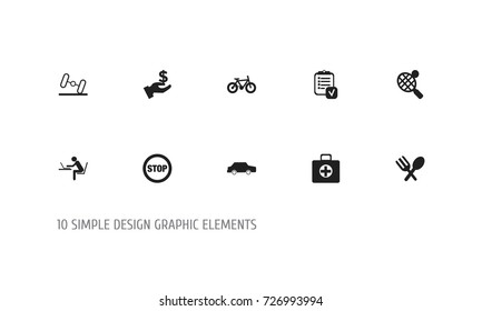 Set Of 10 Editable Complicated Icons. Includes Symbols Such As Programmer, Cutlery, First Aid Box And More. Can Be Used For Web, Mobile, UI And Infographic Design.