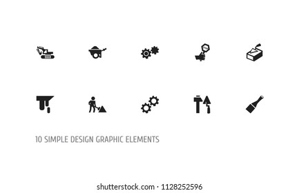 Set of 10 editable construction icons. Includes symbols such as pushcart, excavator, gear and more. Can be used for web, mobile, UI and infographic design.