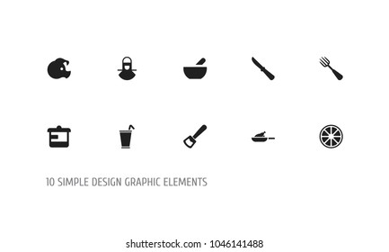Set of 10 editable cooking icons. Includes symbols such as rocker blade, silverware, orange and more. Can be used for web, mobile, UI and infographic design.