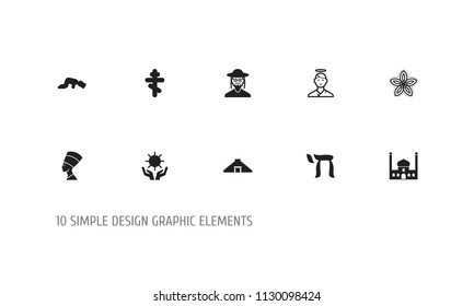 Set of 10 editable dyne icons. Includes symbols such as mandala, nefertiti, religious sign. Can be used for web, mobile, UI and infographic design.