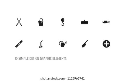 Set of 10 editable equipment icons. Includes symbols such as spanner, rivets, secateurs and more. Can be used for web, mobile, UI and infographic design.