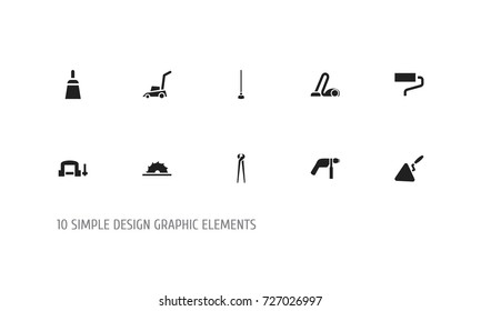 Set Of 10 Editable Equipment Icons. Includes Symbols Such As Sweeper, Chisel Scraper, Clamp And More. Can Be Used For Web, Mobile, UI And Infographic Design.