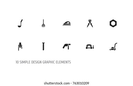 Set Of 10 Editable Equipment Icons. Includes Symbols Such As Appliance, Drill, Sheave And More. Can Be Used For Web, Mobile, UI And Infographic Design.