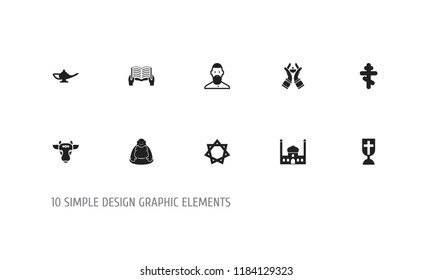 Set of 10 editable faith icons. Includes symbols such as cross, mosque, orthodox and more. Can be used for web, mobile, UI and infographic design.