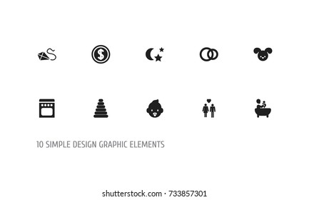 Set Of 10 Editable Folks Icons. Includes Symbols Such As Puppy, Newborn Baby, Tower And More. Can Be Used For Web, Mobile, UI And Infographic Design.