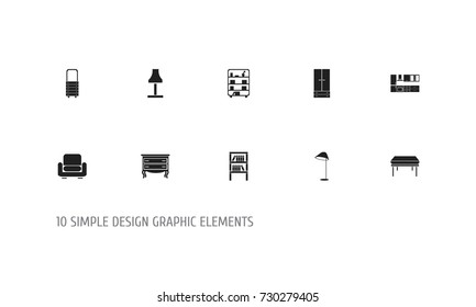 Set Of 10 Editable Furnishings Icons. Includes Symbols Such As Commode, Illuminant, Recliner And More. Can Be Used For Web, Mobile, UI And Infographic Design.