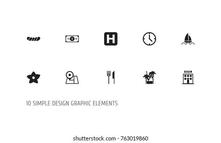 Set Of 10 Editable Holiday Icons. Includes Symbols Such As Helipad, Fork With Knife, Navigation And More. Can Be Used For Web, Mobile, UI And Infographic Design.