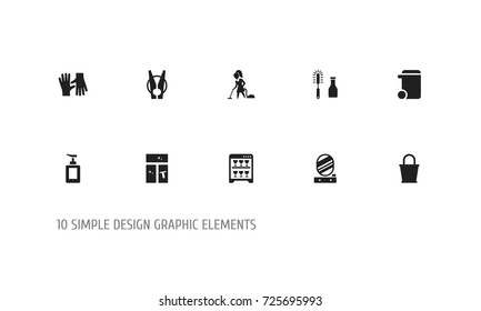 Set Of 10 Editable Hygiene Icons. Includes Symbols Such As Dishwasher, Gauntlet, Peg And More. Can Be Used For Web, Mobile, UI And Infographic Design.