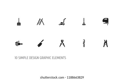 Set of 10 editable instrument icons. Includes symbols such as pipe wrench, rake, ladder and more. Can be used for web, mobile, UI and infographic design.