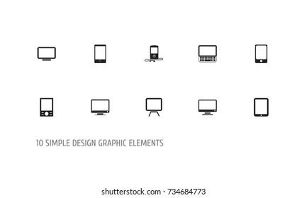 Set Of 10 Editable Instrument Icons. Includes Symbols Such As Music Phone, Television, Monitor And More. Can Be Used For Web, Mobile, UI And Infographic Design.