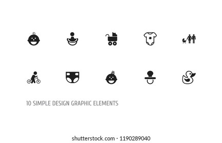 Set of 10 editable kid icons. Includes symbols such as duck, bodysuit, soothers and more. Can be used for web, mobile, UI and infographic design.
