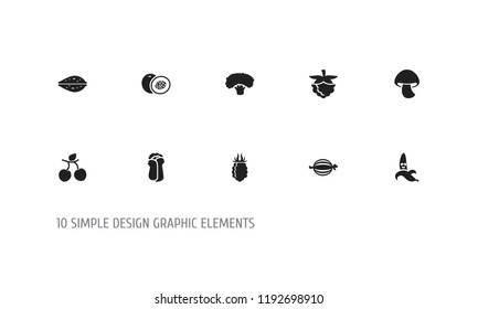 Set of 10 editable kitchenware icons. Includes symbols such as champignon, funny banana, chinese cabbage and more. Can be used for web, mobile, UI and infographic design.