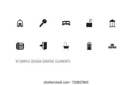 Set Of 10 Editable Motel Icons. Includes Symbols Such As Entrance, Baggage, Bed And More. Can Be Used For Web, Mobile, UI And Infographic Design.