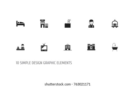 Set Of 10 Editable Motel Icons. Includes Symbols Such As Check In, Hostel, Bearings And More. Can Be Used For Web, Mobile, UI And Infographic Design.