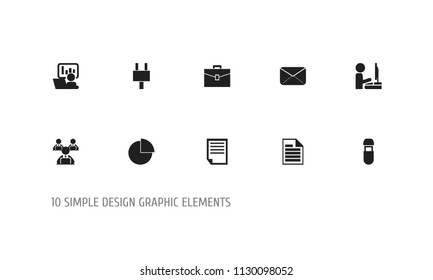 Set of 10 editable office icons. Includes symbols such as pie chart, presentation, flash drive and more. Can be used for web, mobile, UI and infographic design.