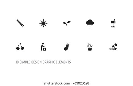 Set Of 10 Editable Planting Icons. Includes Symbols Such As Rainy Cloud, Handsaw, Flowerpot. Can Be Used For Web, Mobile, UI And Infographic Design.