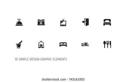 Set Of 10 Editable Plaza Icons. Includes Symbols Such As Service Bell, Fortress, Bed And More. Can Be Used For Web, Mobile, UI And Infographic Design.