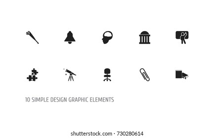 Set Of 10 Editable Science Icons. Includes Symbols Such As Bell, Staple, Work Seat And More. Can Be Used For Web, Mobile, UI And Infographic Design.