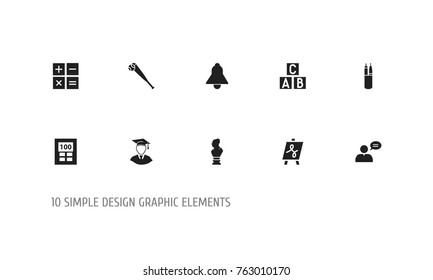 Set Of 10 Editable Science Icons. Includes Symbols Such As Calculate, Pen Case, Statue And More. Can Be Used For Web, Mobile, UI And Infographic Design.