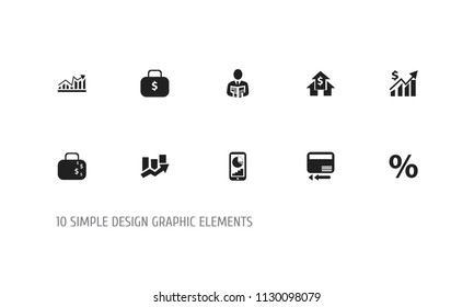 Set of 10 editable statistic icons. Includes symbols such as currency suitcase, percentage, arrow up and more. Can be used for web, mobile, UI and infographic design.