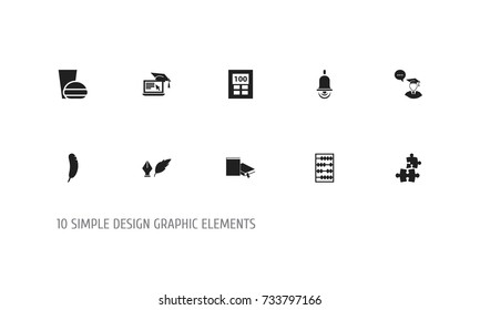 Set Of 10 Editable Teach Icons. Includes Symbols Such As Literature, Fast Food, Feather And More. Can Be Used For Web, Mobile, UI And Infographic Design.