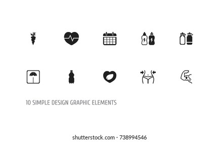 Set Of 10 Editable Training Icons. Includes Symbols Such As Weight Measurement, Heartbeat, Leaf In Heart And More. Can Be Used For Web, Mobile, UI And Infographic Design.
