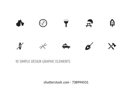 Set Of 10 Editable Travel Icons. Includes Symbols Such As Matchstick, Damselfly, Axe And More. Can Be Used For Web, Mobile, UI And Infographic Design.