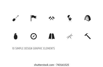 Set Of 10 Editable Trip Icons. Includes Symbols Such As Spade, Pennant, Camp And More. Can Be Used For Web, Mobile, UI And Infographic Design.