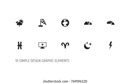 Set Of 10 Editable Weather Icons. Includes Symbols Such As Sunset, Snowing, Wind Measurement And More. Can Be Used For Web, Mobile, UI And Infographic Design.