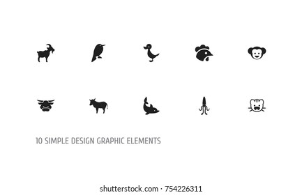 Set Of 10 Editable Zoo Icons. Includes Symbols Such As Octopus, Quack, Ox And More. Can Be Used For Web, Mobile, UI And Infographic Design.
