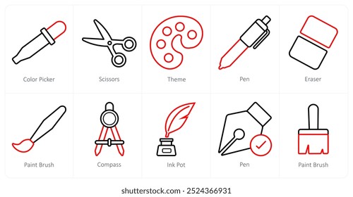A set of 10 editing tools icons as color picker, scissors, theme