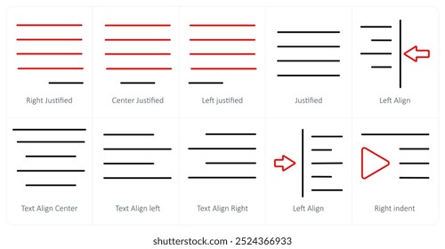 Um conjunto de 10 ícones de ferramentas de edição como justificado à direita, justificado ao centro, justificado à esquerda