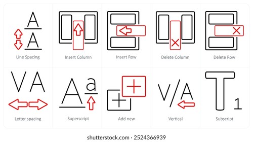 Um conjunto de 10 ícones de ferramentas de edição como espaçamento entre linhas, inserir coluna, inserir linha